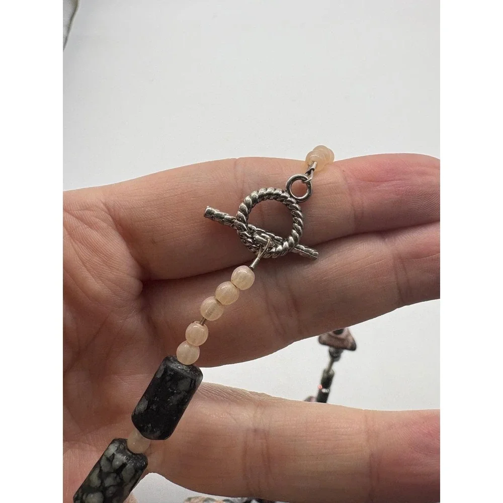 Vintage‎ Beaded Long Cameo Pendant Necklace Mixed Natural Stone Statement